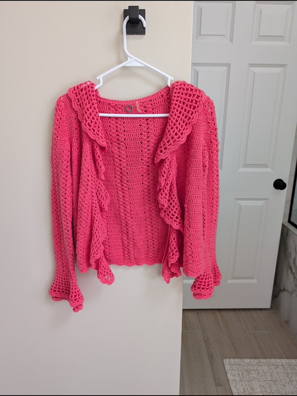 One Girl Who Crochet Ruffle Open-Front Cardigan - Hot Pink